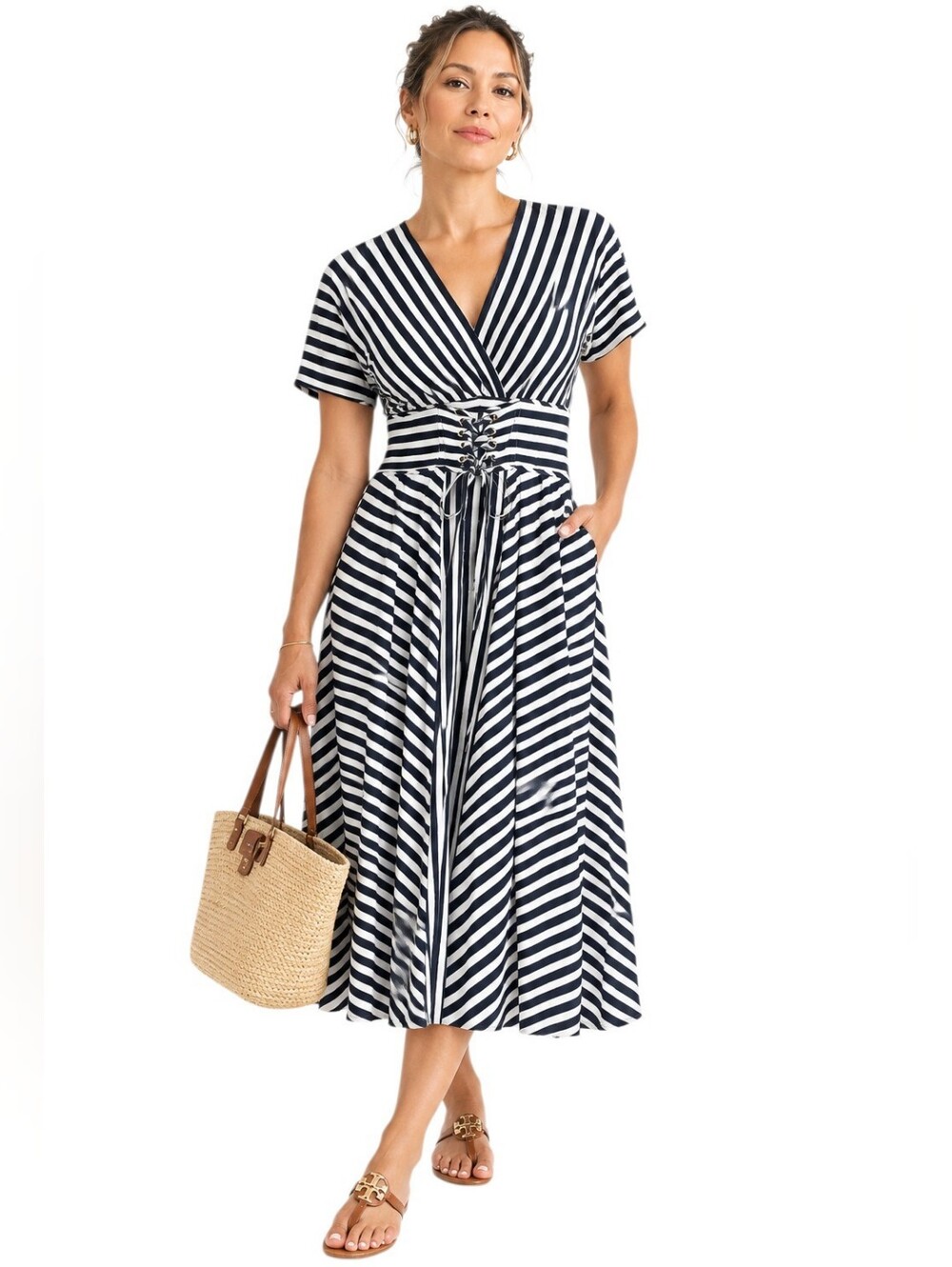 Plenty by Tracy Reesee Blue White Striped Midi Dress coastal nautical Euro Summe